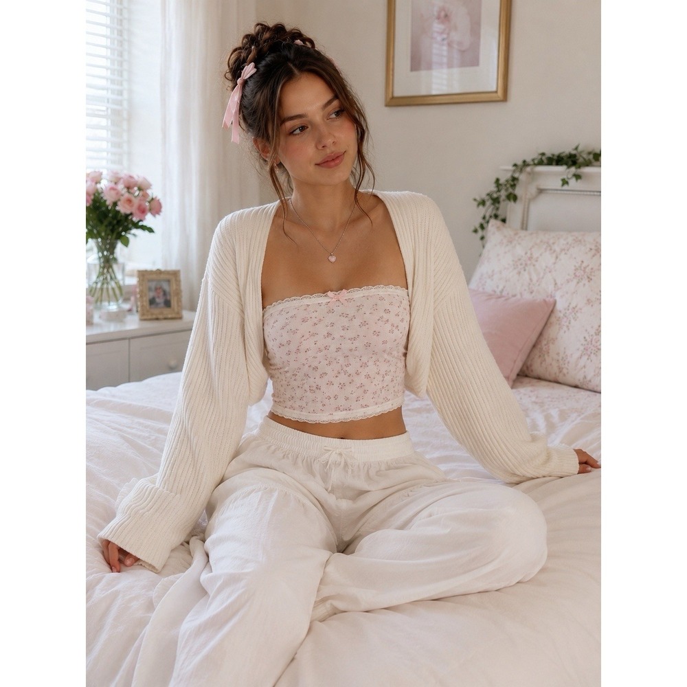 Edikted Cream Ribbed Open-Front Cardigan